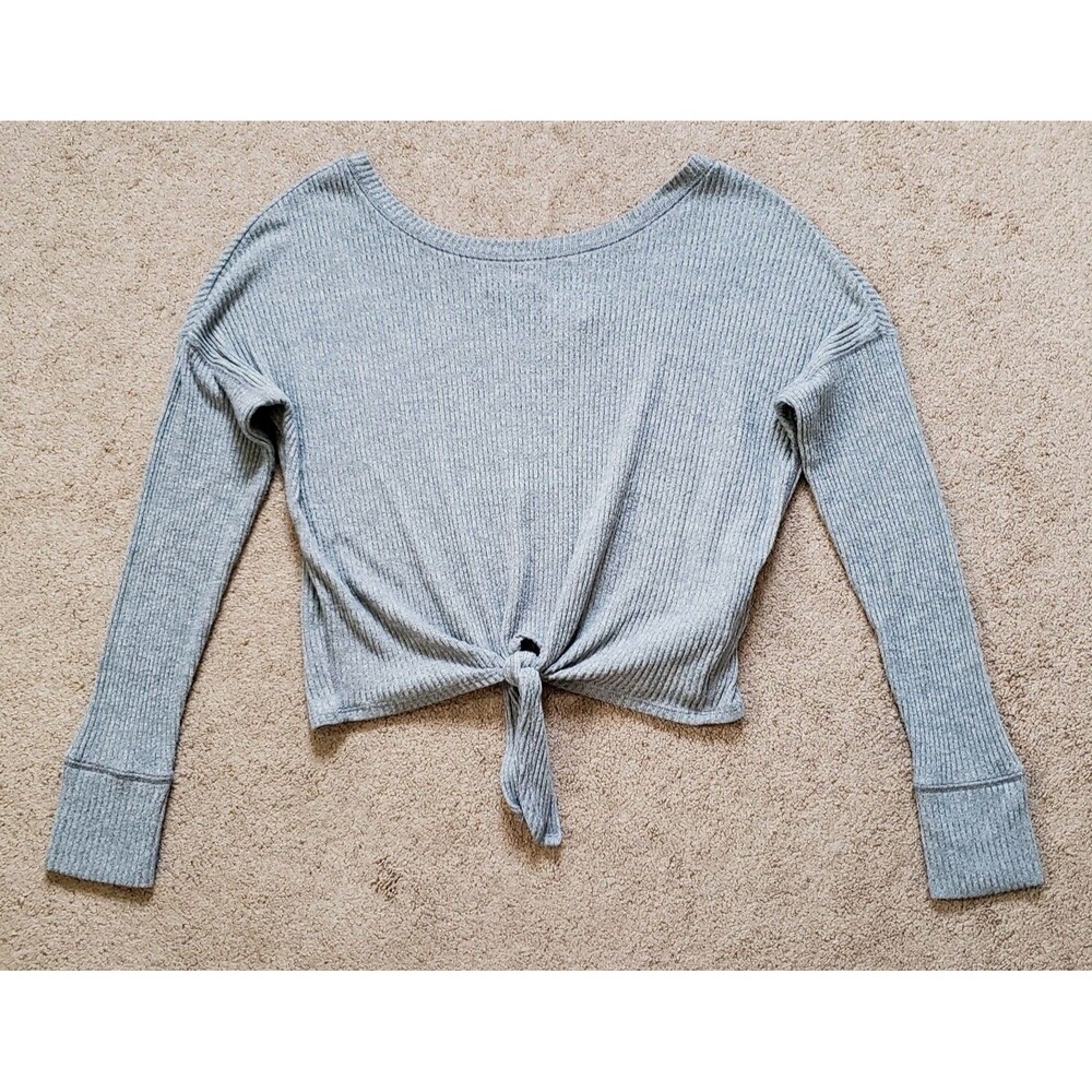 Abercrombie And Fitch Ribbed Front Tie Long Sleeves Knit Cropped Top Gray Size S